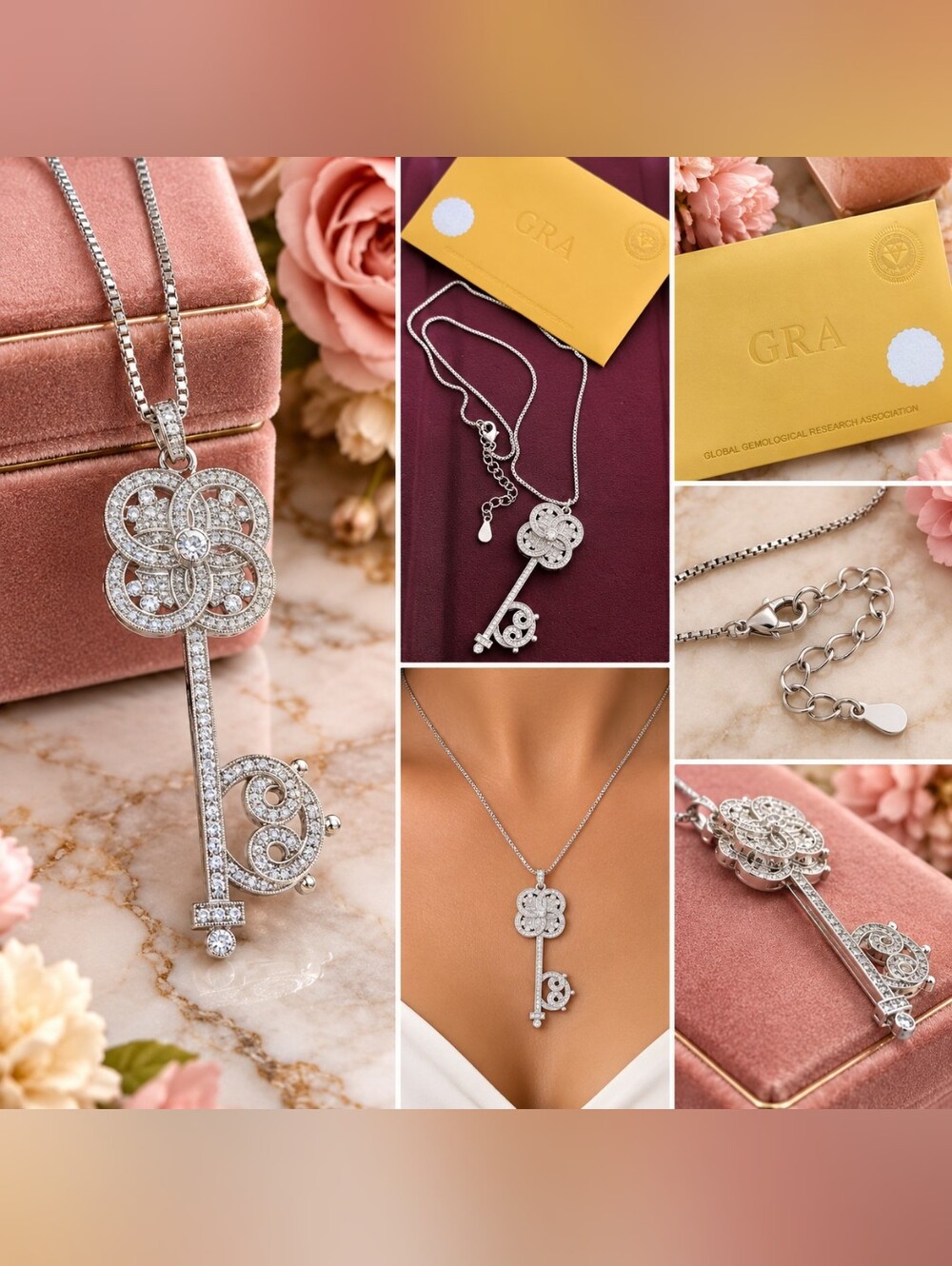 💎 Moissanite Key Necklace with GRA Certificate – Sparkling Silver Pendant